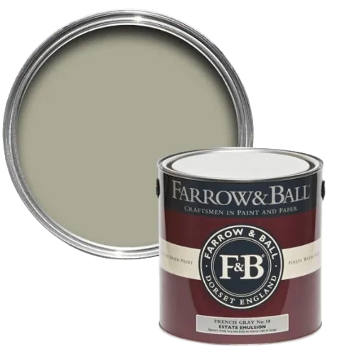 Farrow and Ball French Gray paint tin with the color shown on the lid