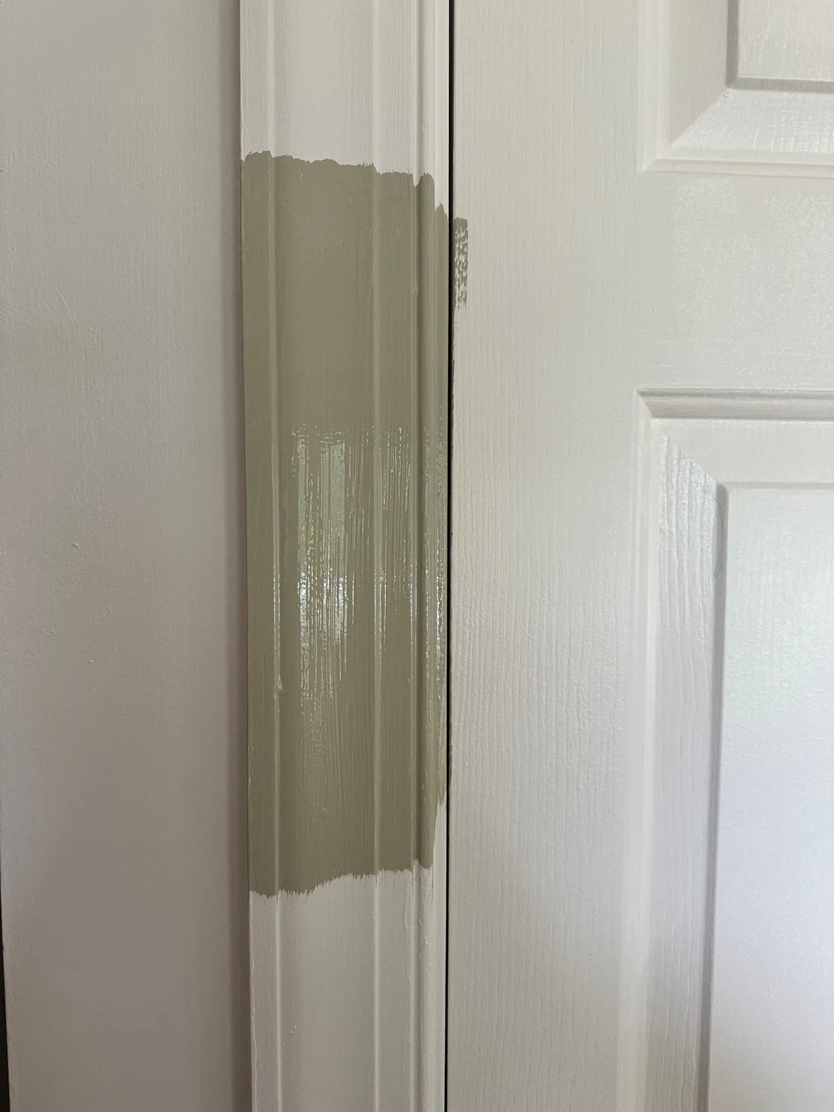 Closet door half painted in sage green, showing the color against the original white