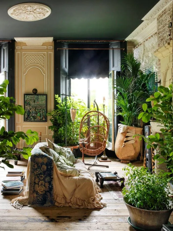 a bohemian artist studio, organic decor, room full of plants