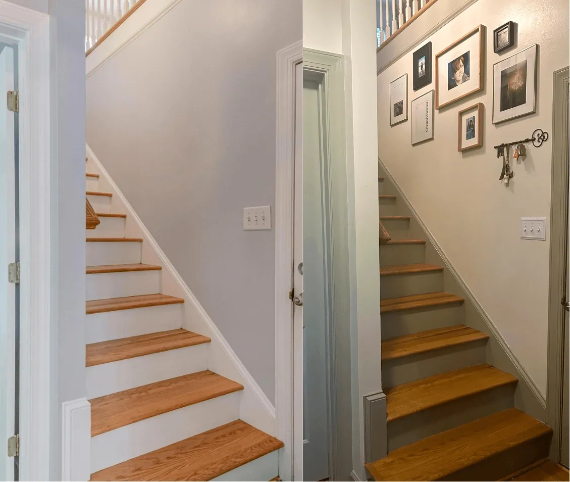 Before and after of a staircase, now with refinished treads and a gallery wall