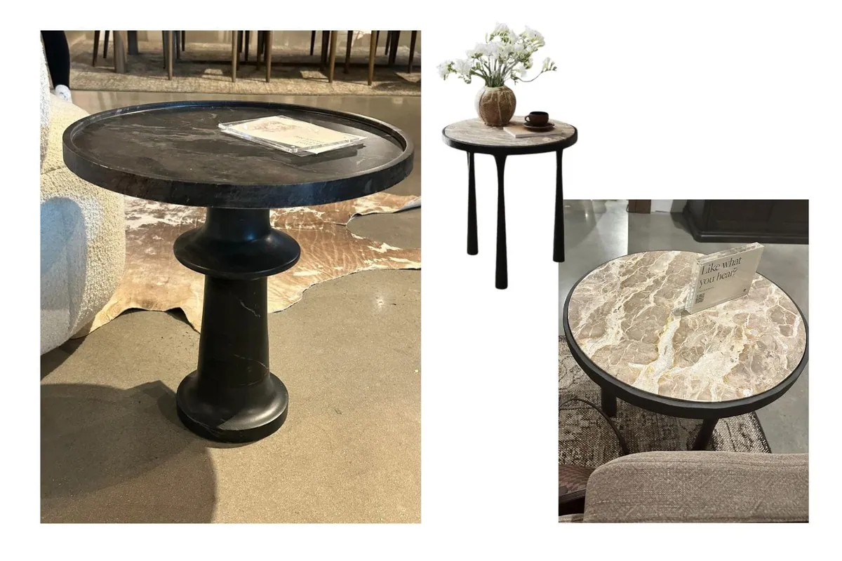 Collage of black pedestal and stone-topped side tables seen at market