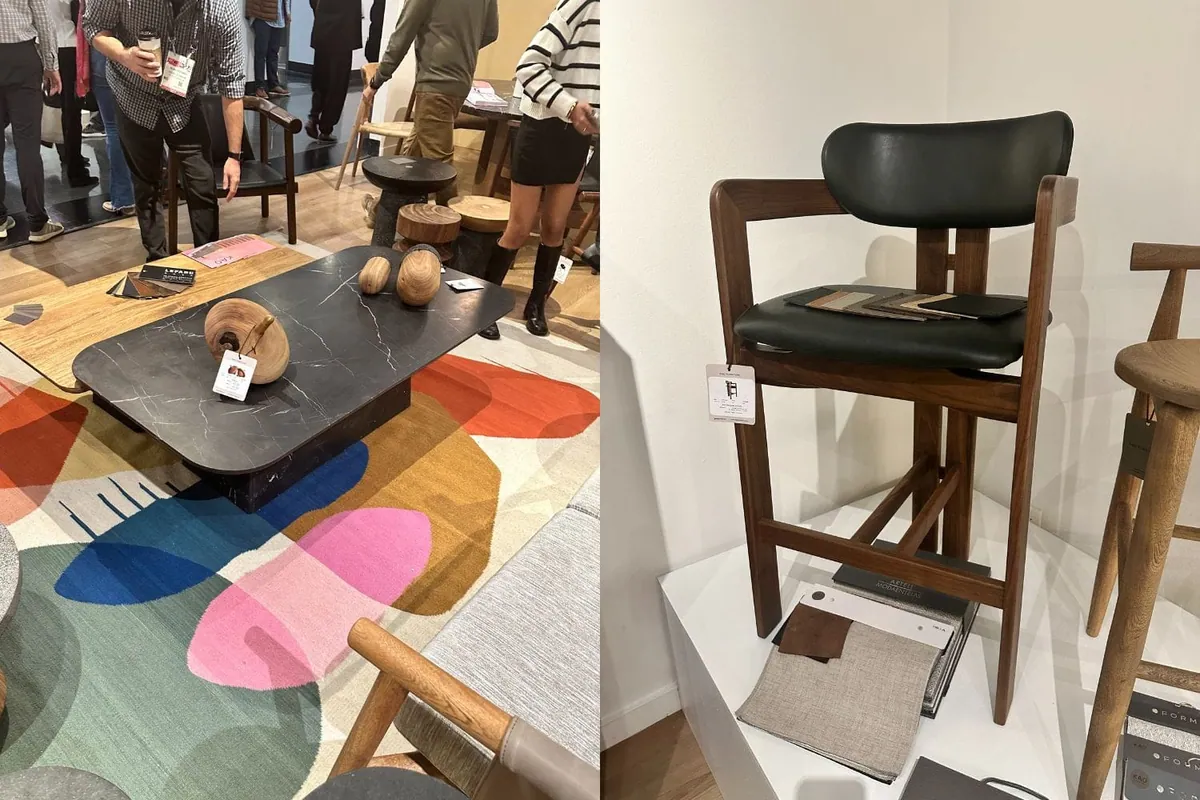 Market finds collage of a low wood coffee table and a leather-seated chair