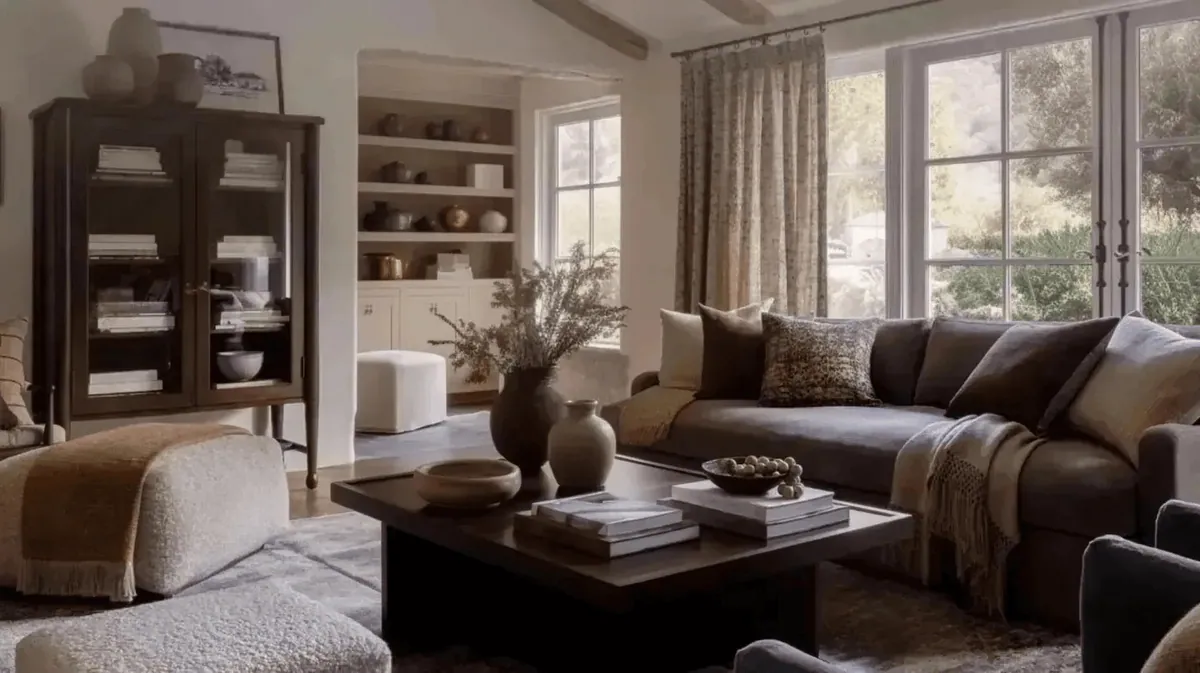 Living room with a deep sectional, layered neutrals and a dark glazed display cabinet