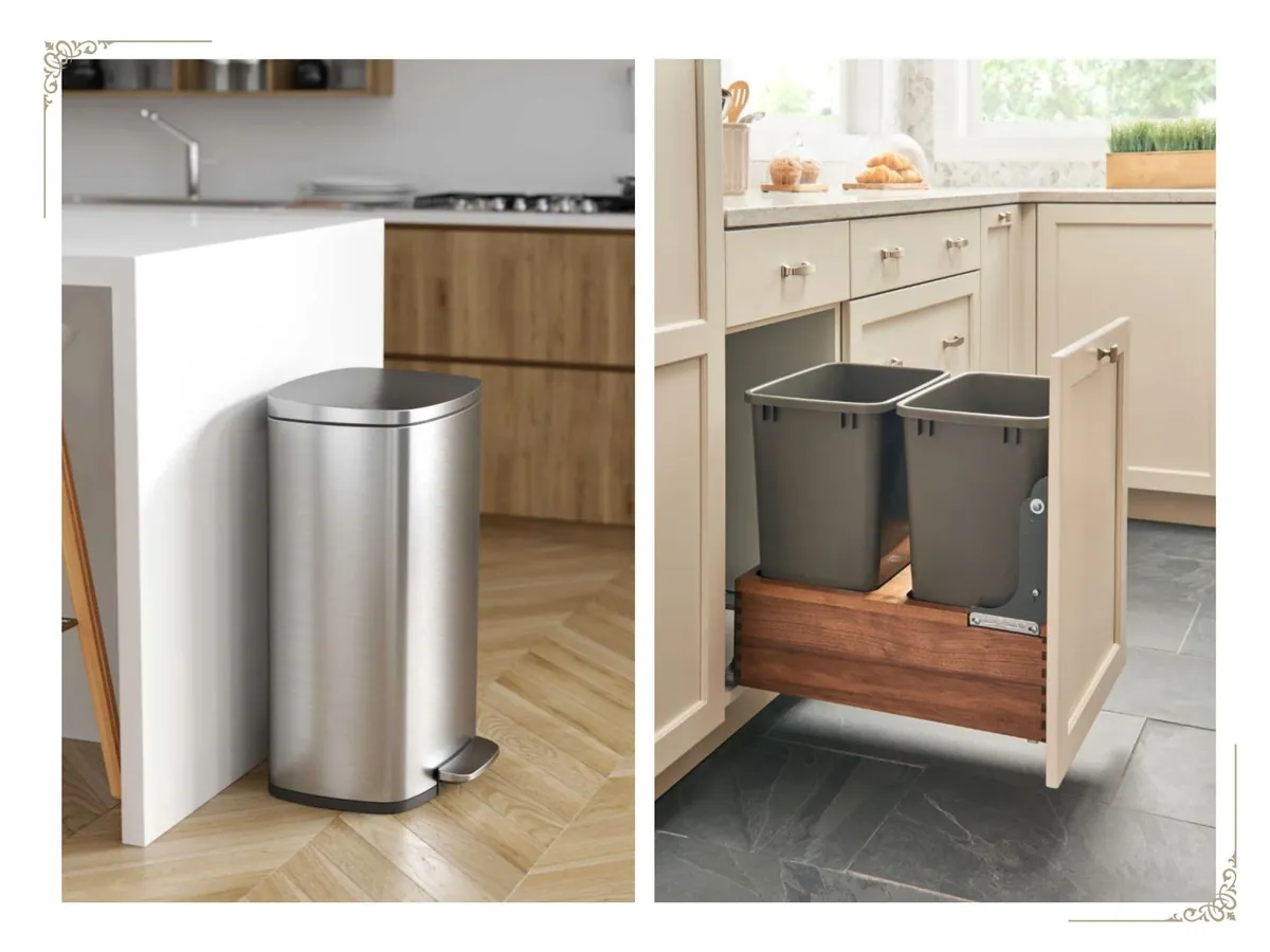 Freestanding kitchen bin next to a pull-out double waste drawer in a cabinet
