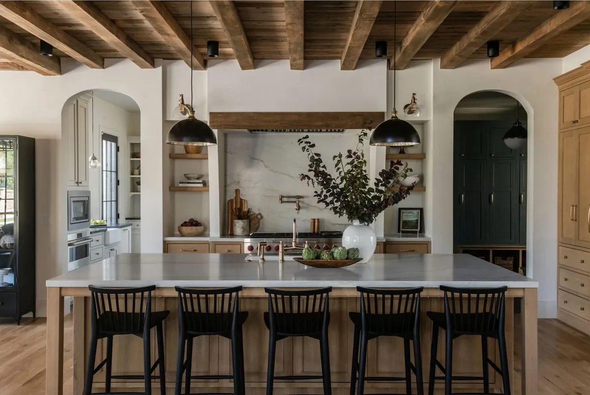 Kitchen with exposed wood ceiling beams, a marble island and black spindle counter stools