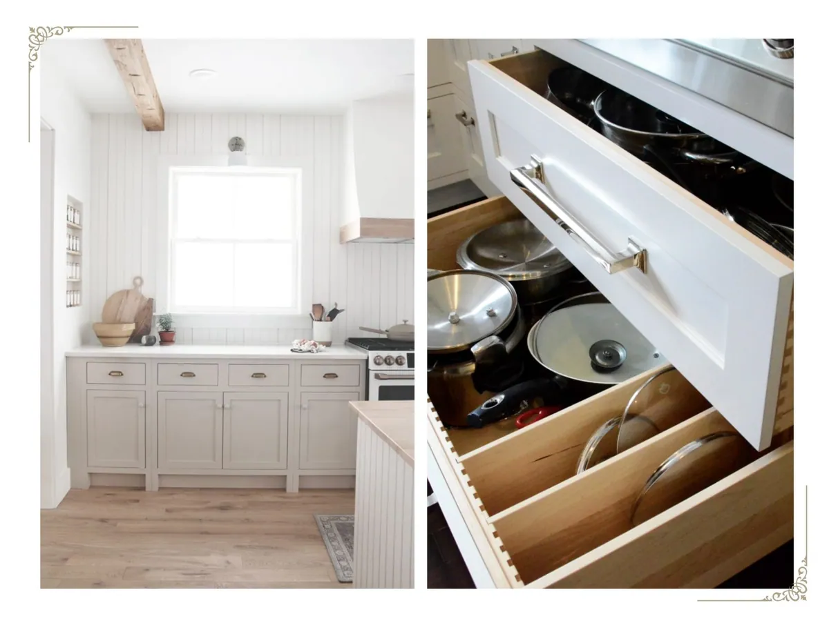 Kitchen with a plaster hood beside a deep drawer organized for pots and pans