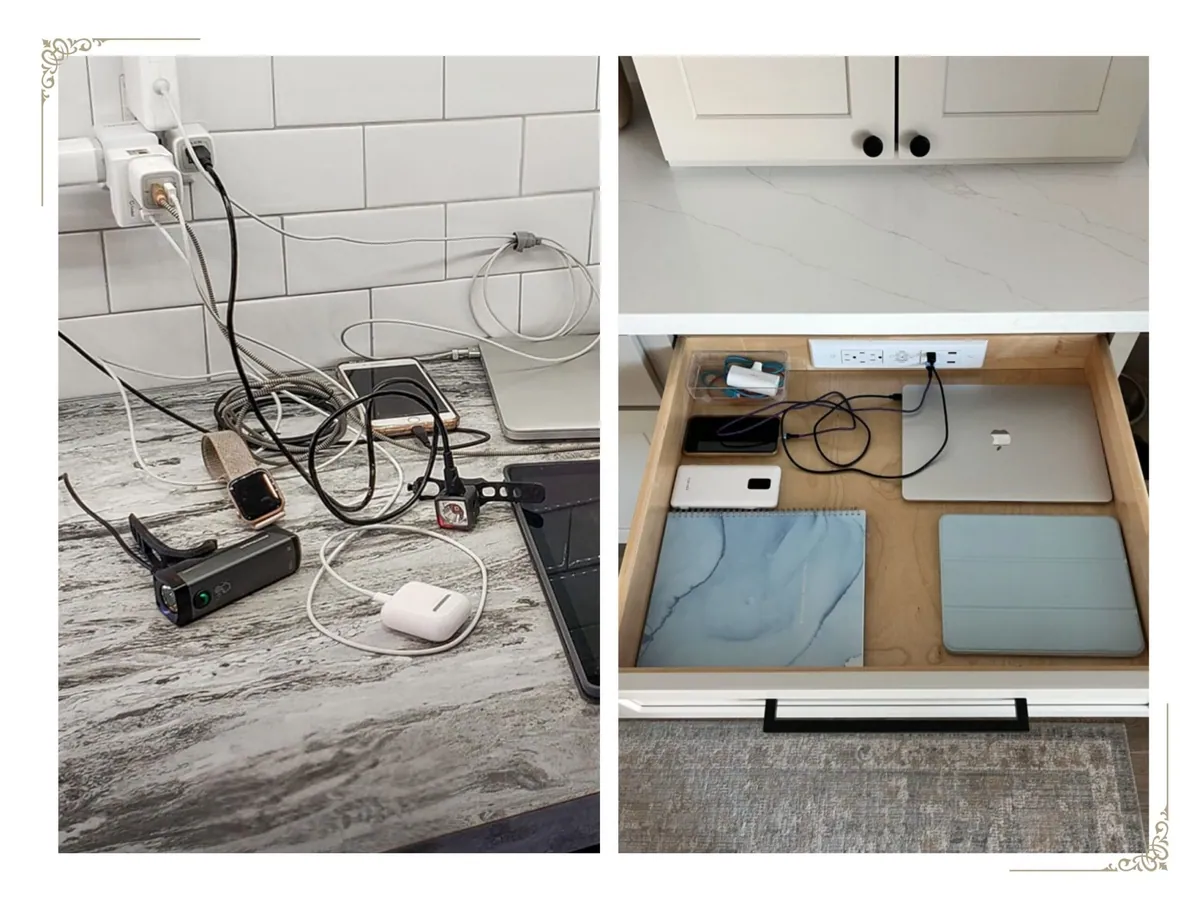 Countertop tangled with charger cords beside a drawer with a built-in outlet