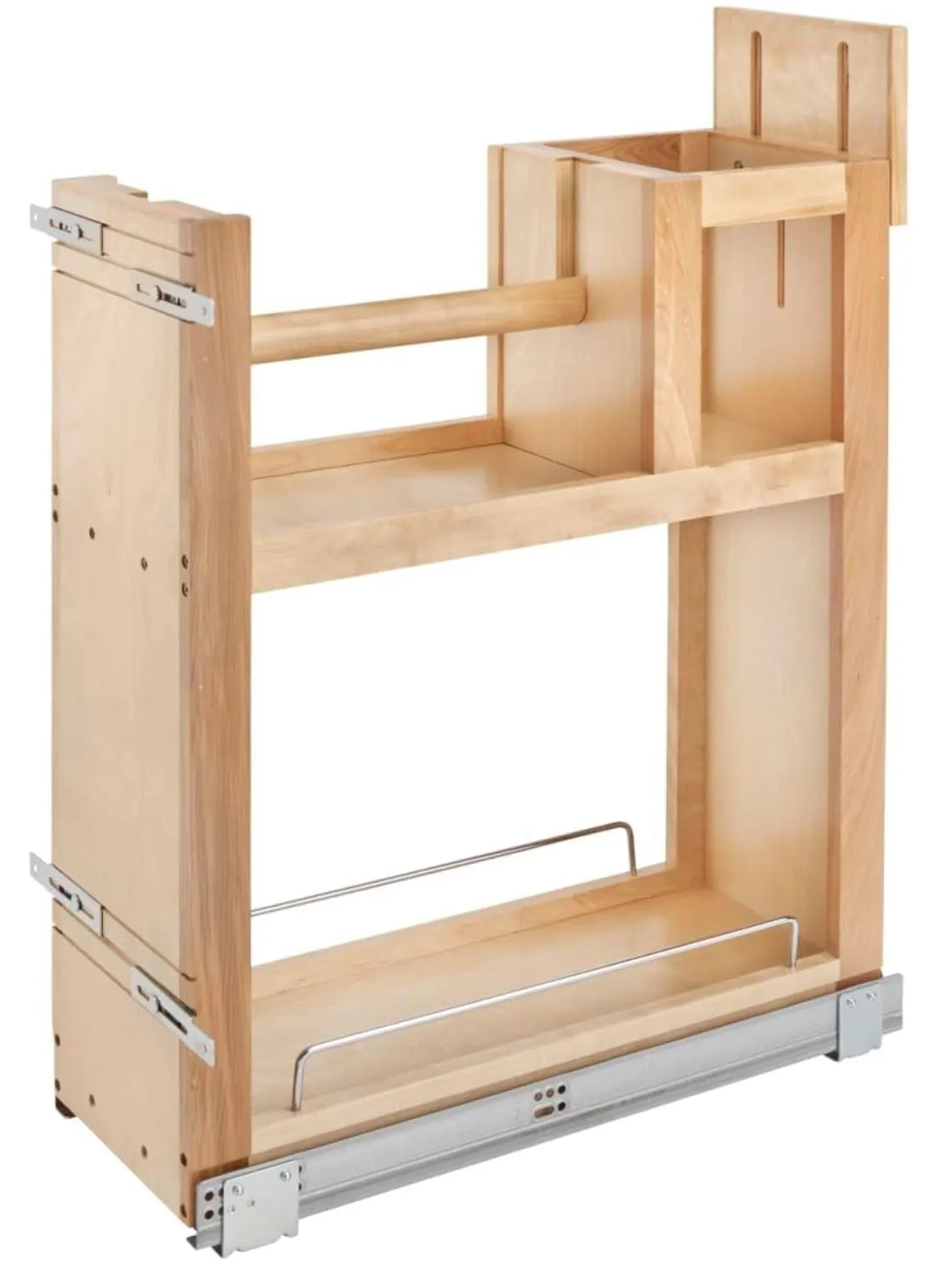 Pull-out cabinet organiser sized for paper towels and cleaning supplies