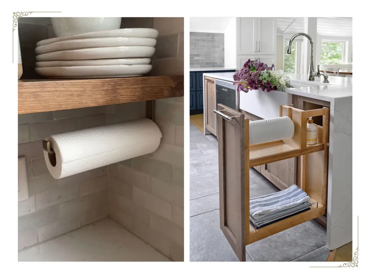 Paper towel holder mounted under a shelf beside a pull-out storage cabinet