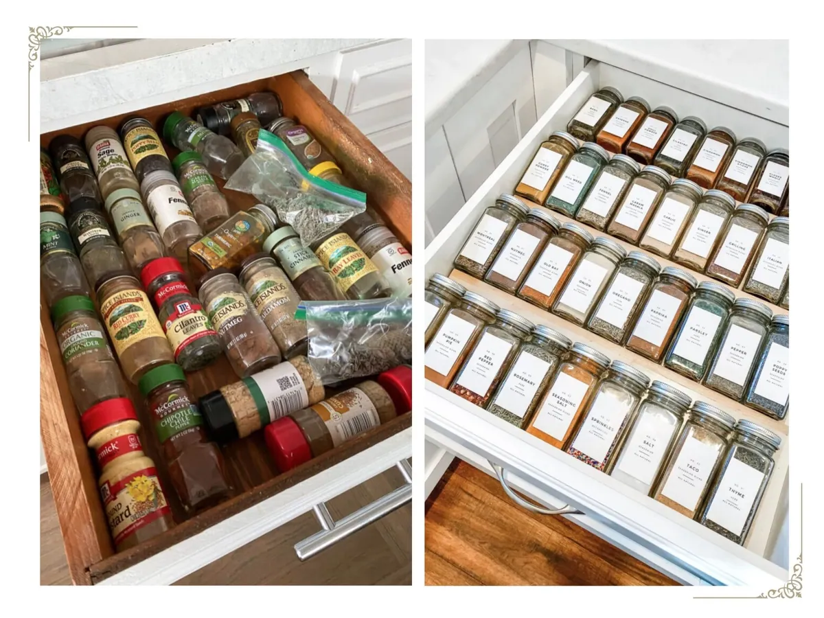 Spice drawer before and after, with jars decanted and labelled in a tiered insert