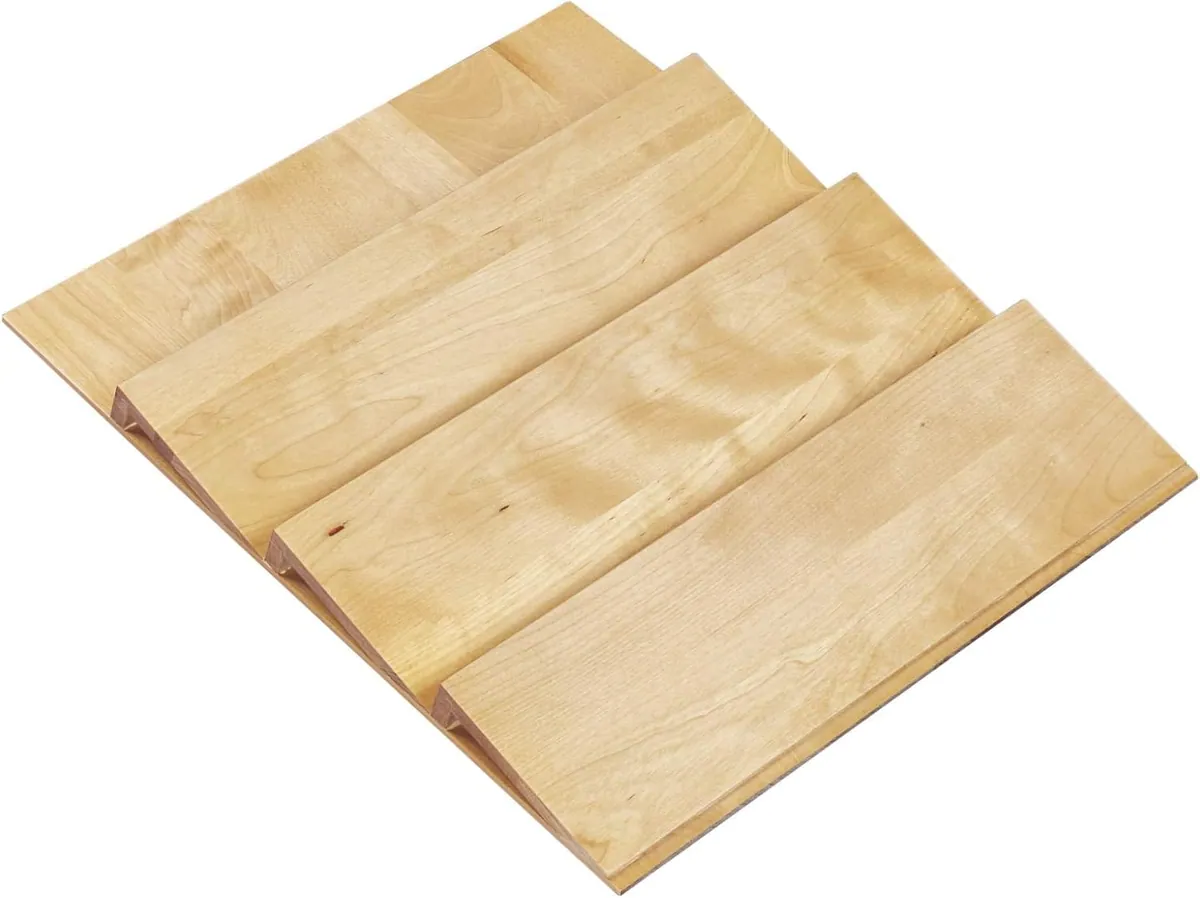 Tiered wooden drawer insert for storing spice jars at an angle