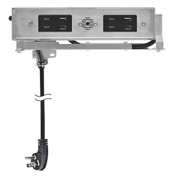 In-drawer power unit with outlets and USB ports for a kitchen drawer
