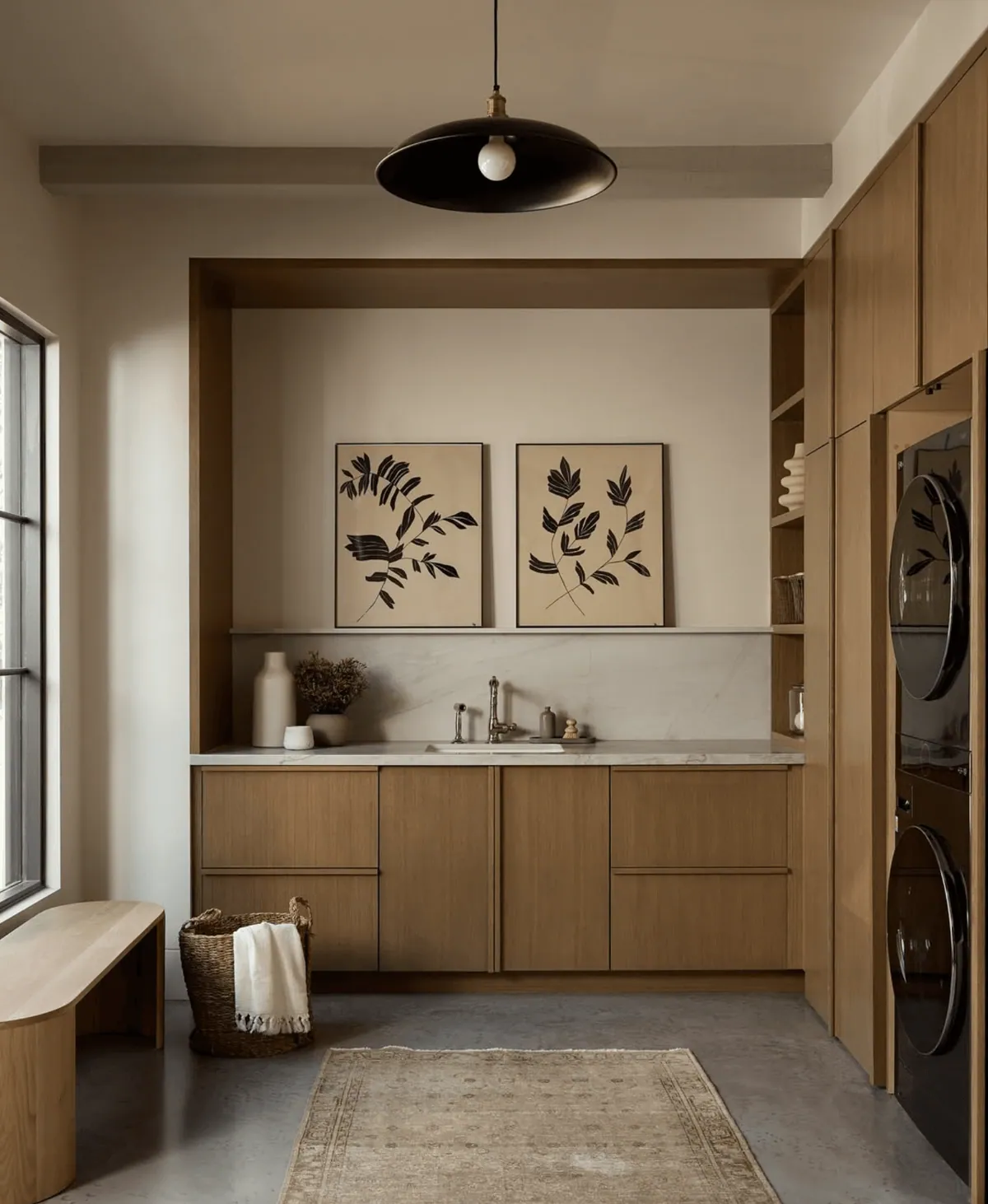 Laundry room with oak cabinetry, a stone counter and two framed botanical prints