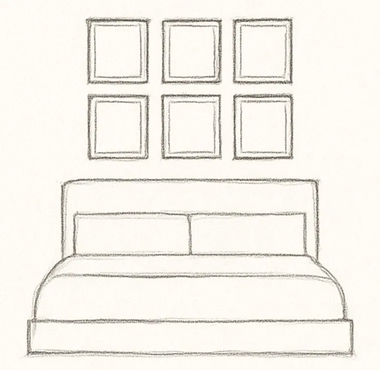 Sketch showing six framed prints hung in a grid above a bed