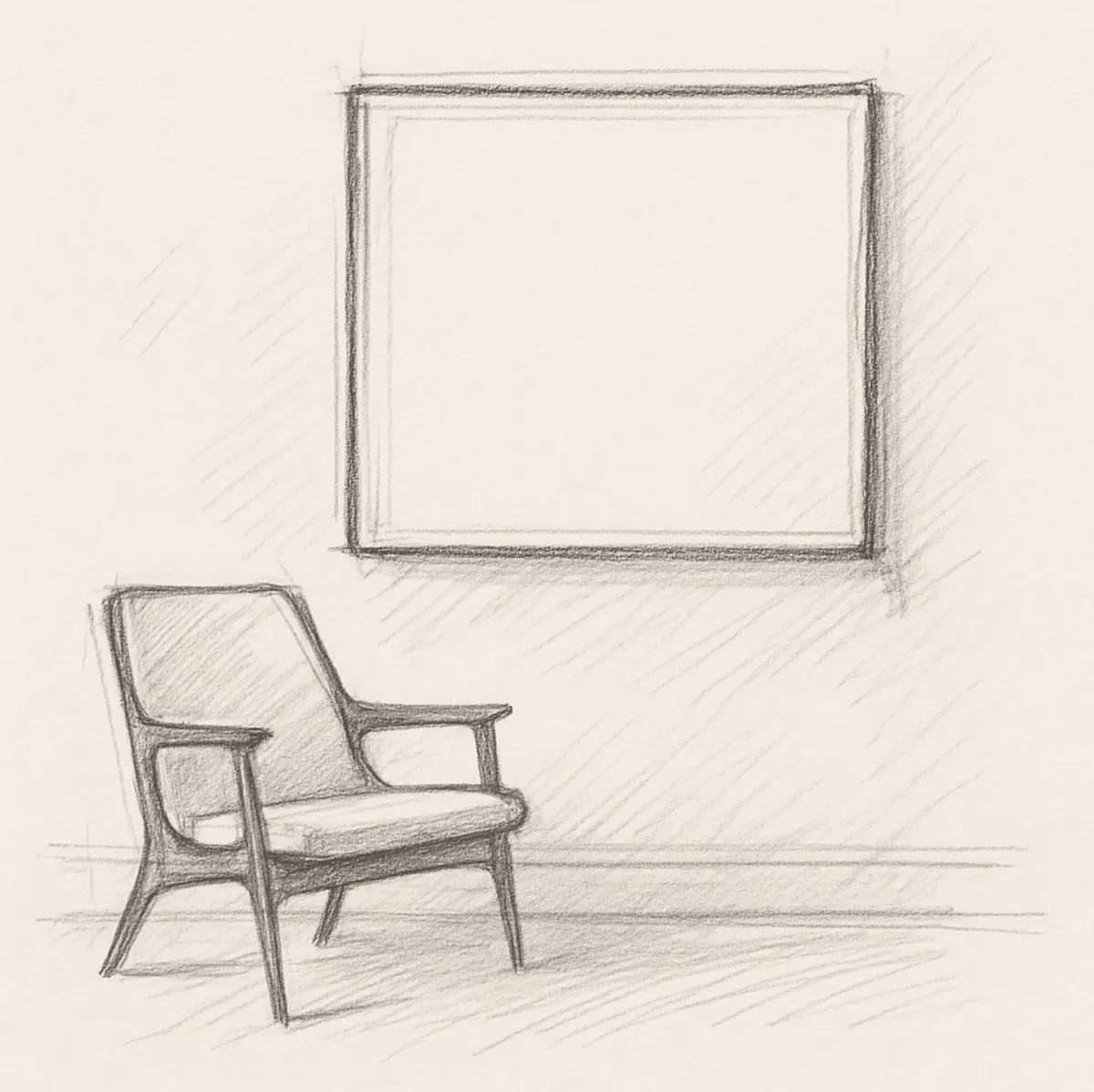 Sketch of a single oversized artwork hung above a lounge chair