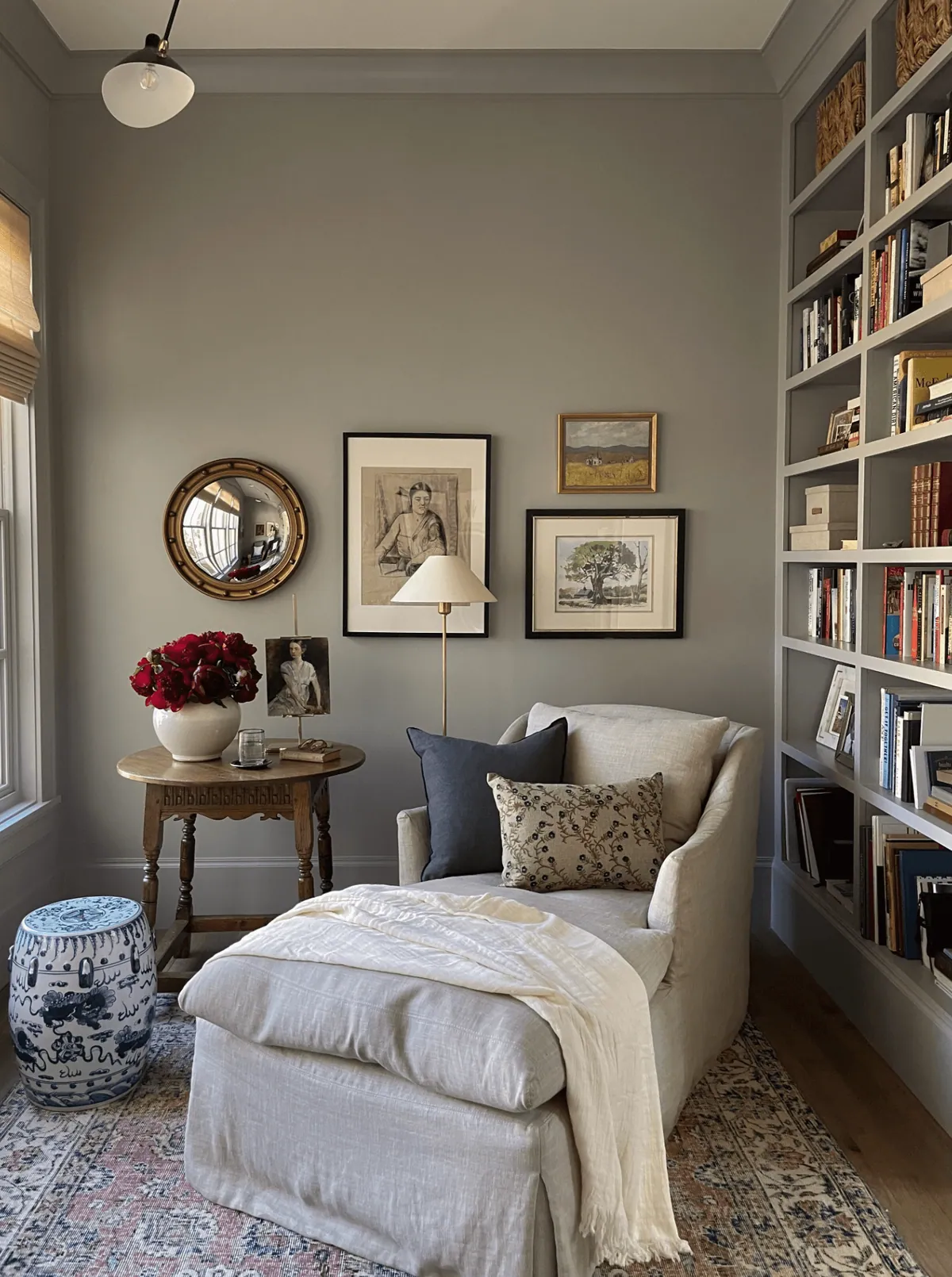 Reading nook with a linen chaise, built-in bookshelves and a framed gallery arrangement