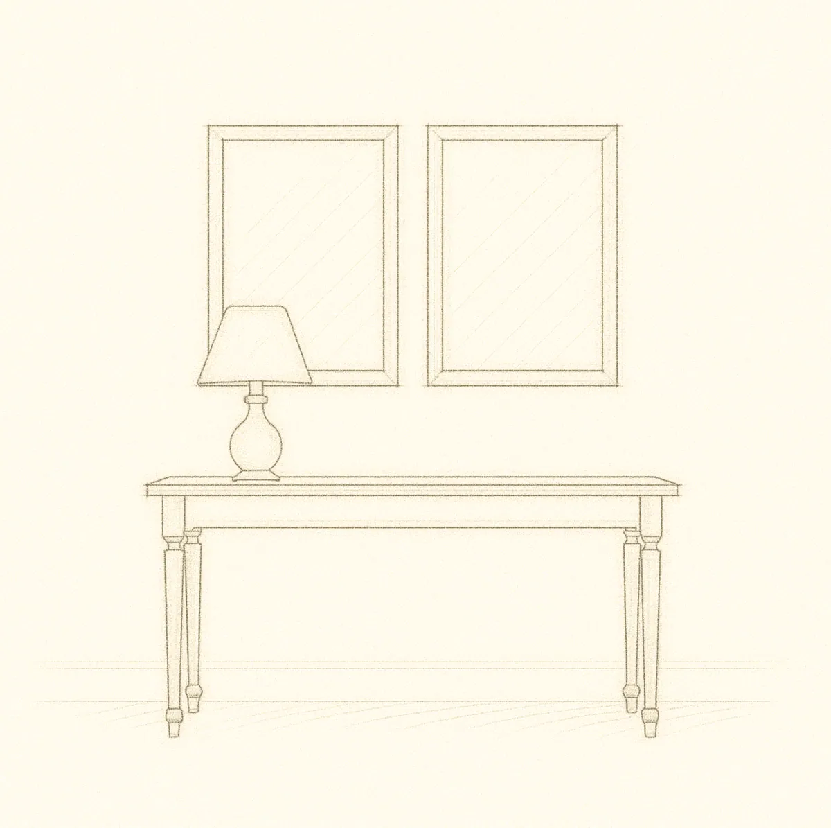 Sketch of two framed pieces hung above a console table and lamp