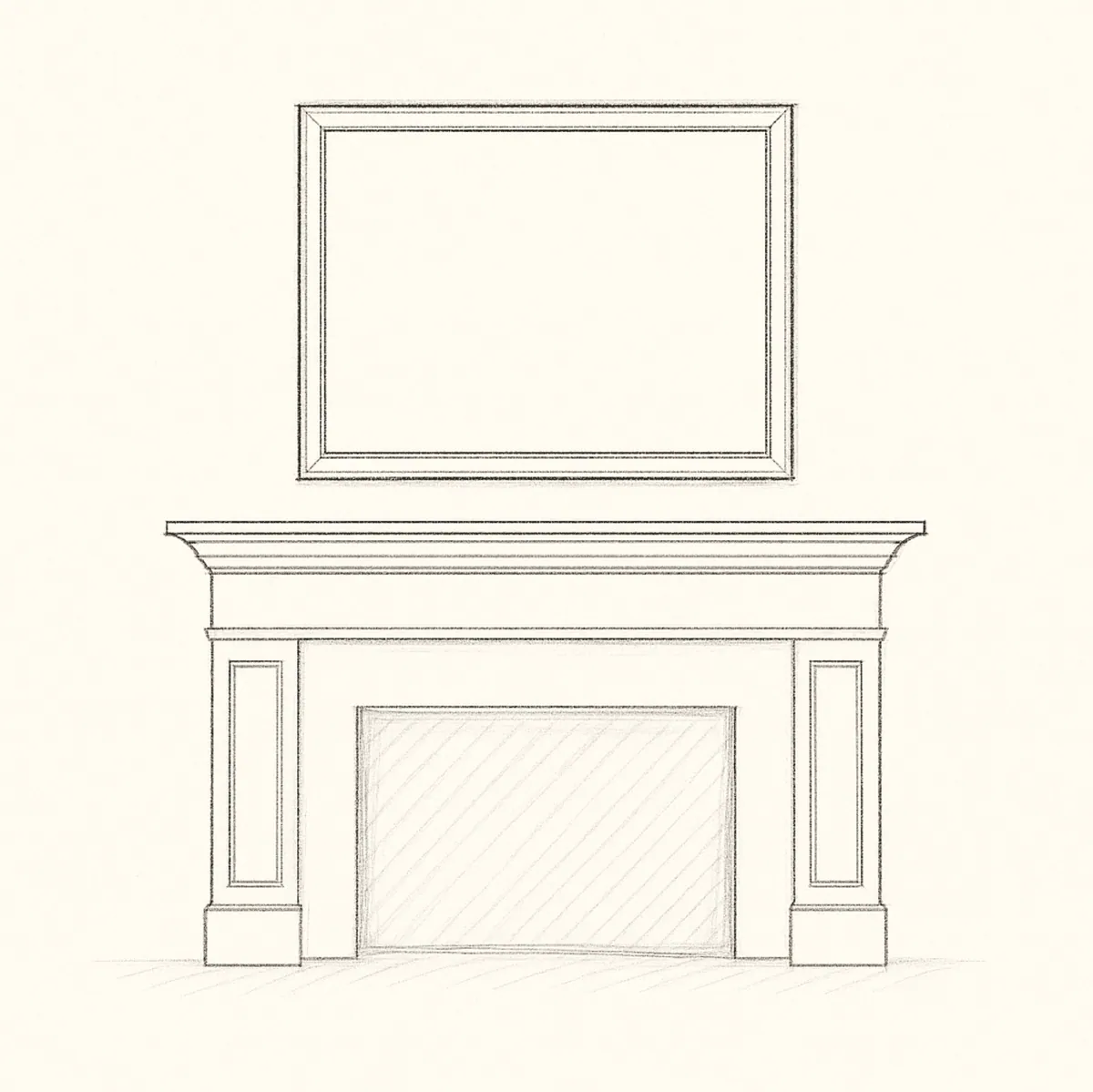 Sketch of a large framed artwork centered above a fireplace mantel