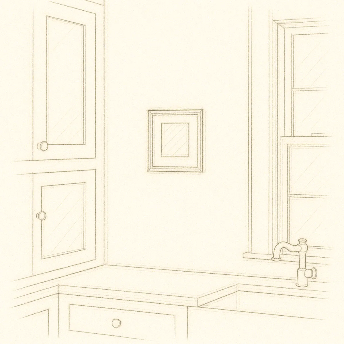 Sketch showing a small framed piece hung between kitchen cabinets