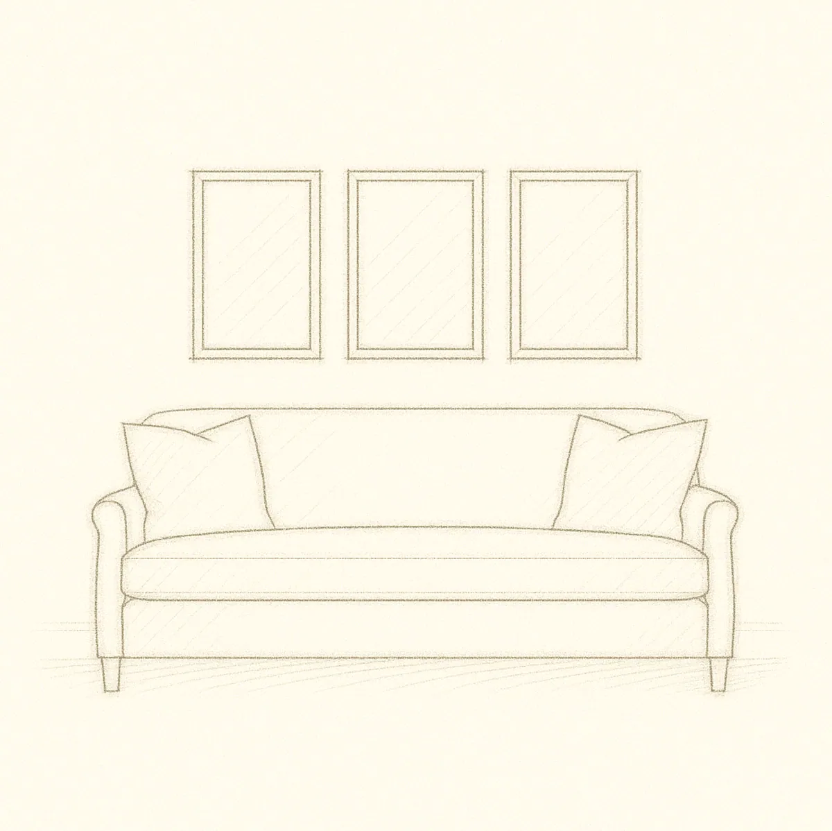 Sketch of three matching frames hung in a row above a sofa