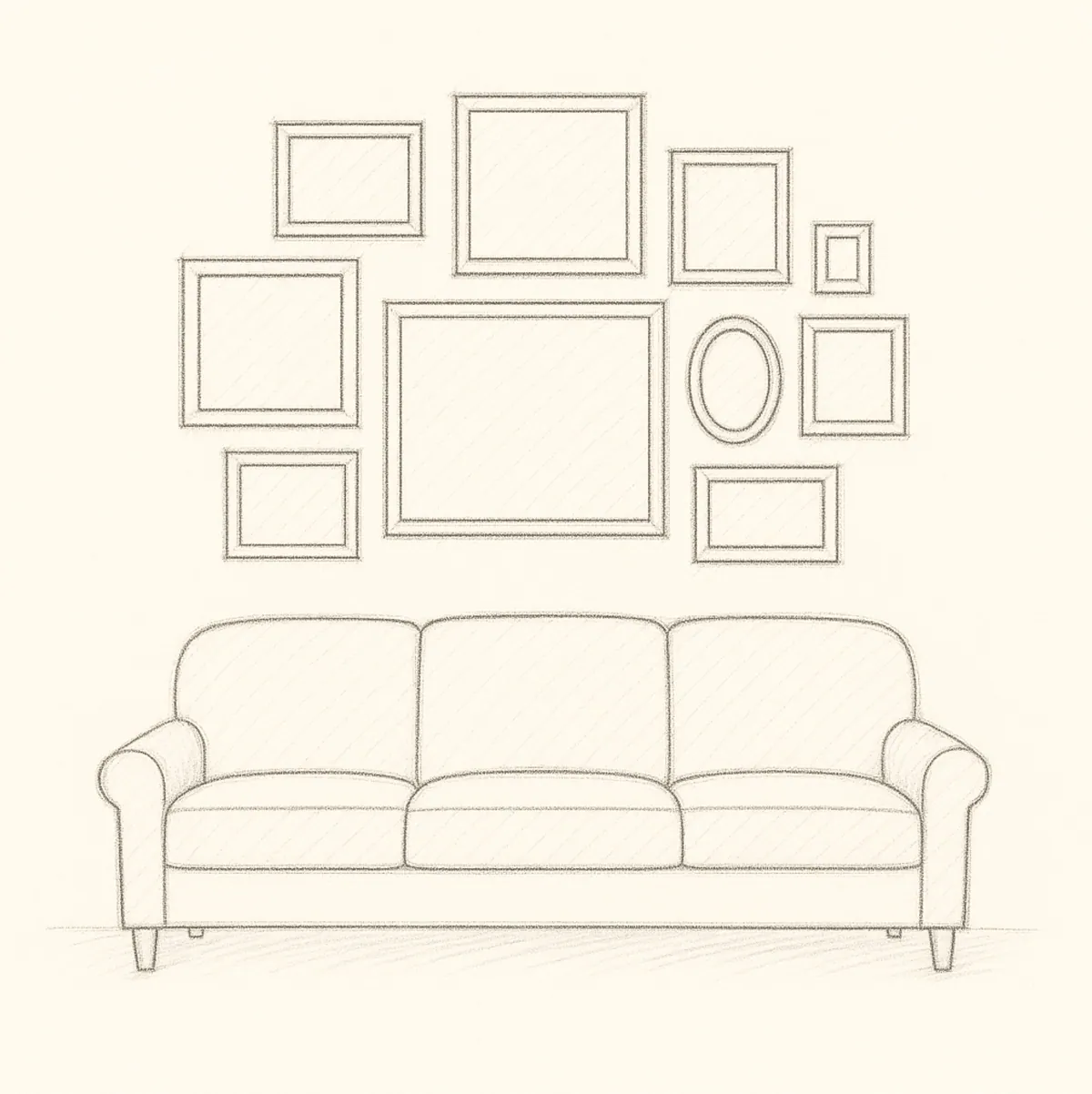 Sketch of a salon style gallery wall arranged above a sofa