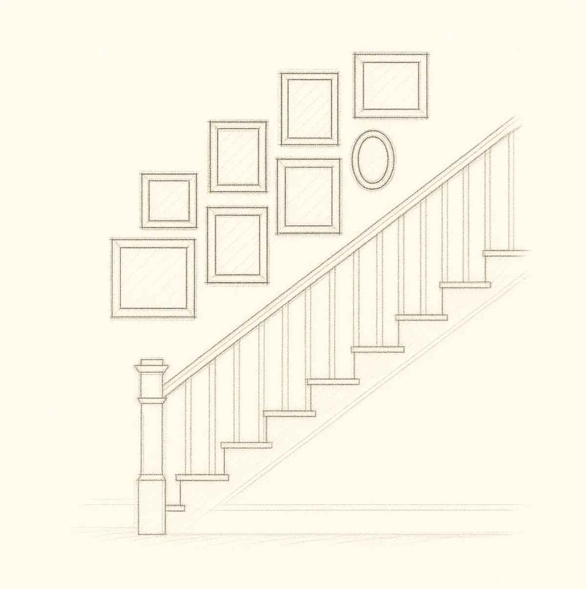 Sketch of framed art stepped along a staircase wall