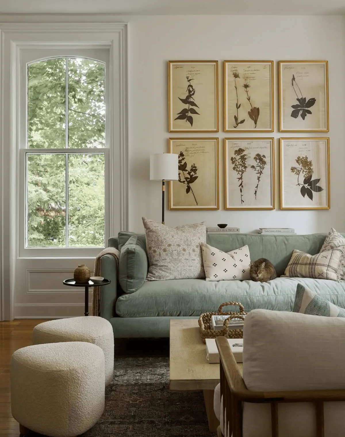 Green sofa beneath six framed botanical prints in a light living room