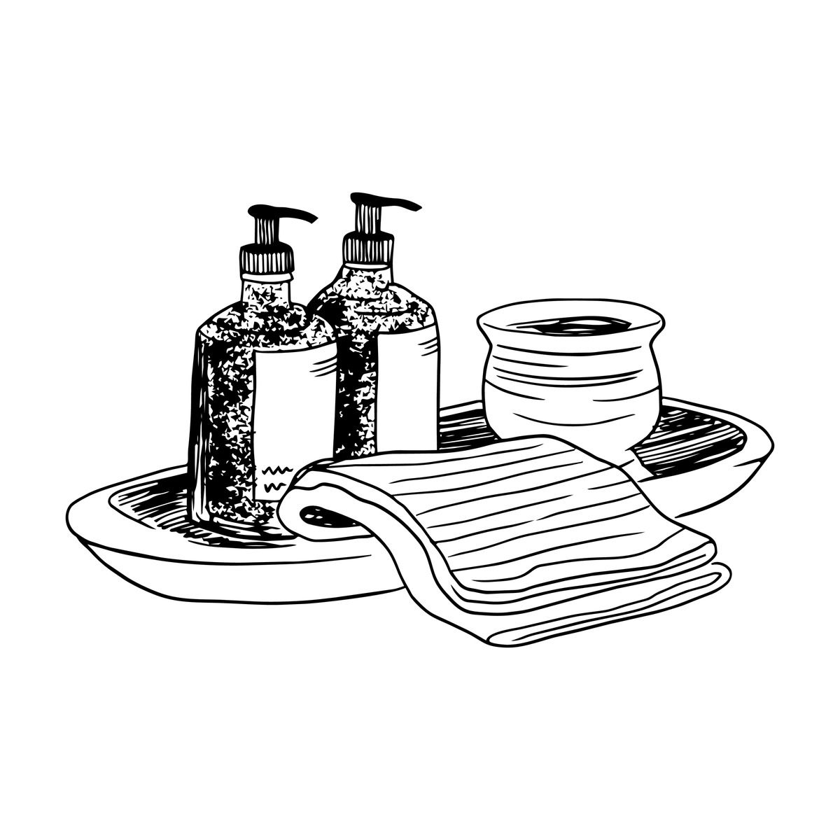 Line illustration of soap dispensers and a folded towel on a bath tray