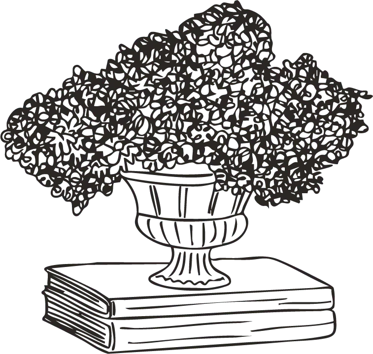 Line illustration of a flower-filled urn resting on a stack of books