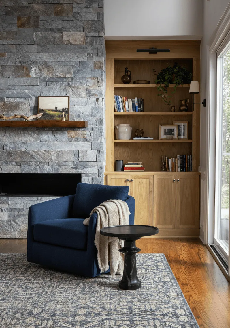 Living room with a stacked stone fireplace, oak built-ins and a navy swivel chair