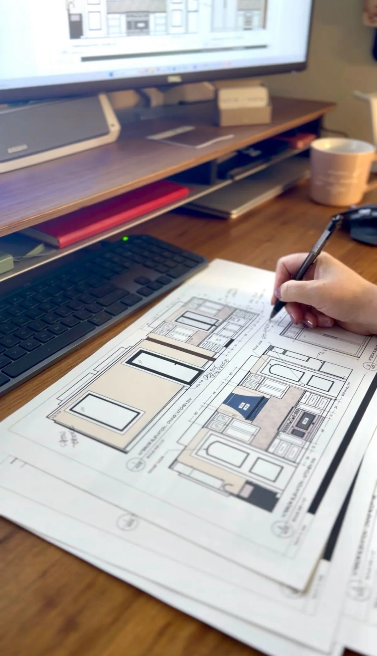 Interior designer sketching elevations over a printed floor plan at a studio desk