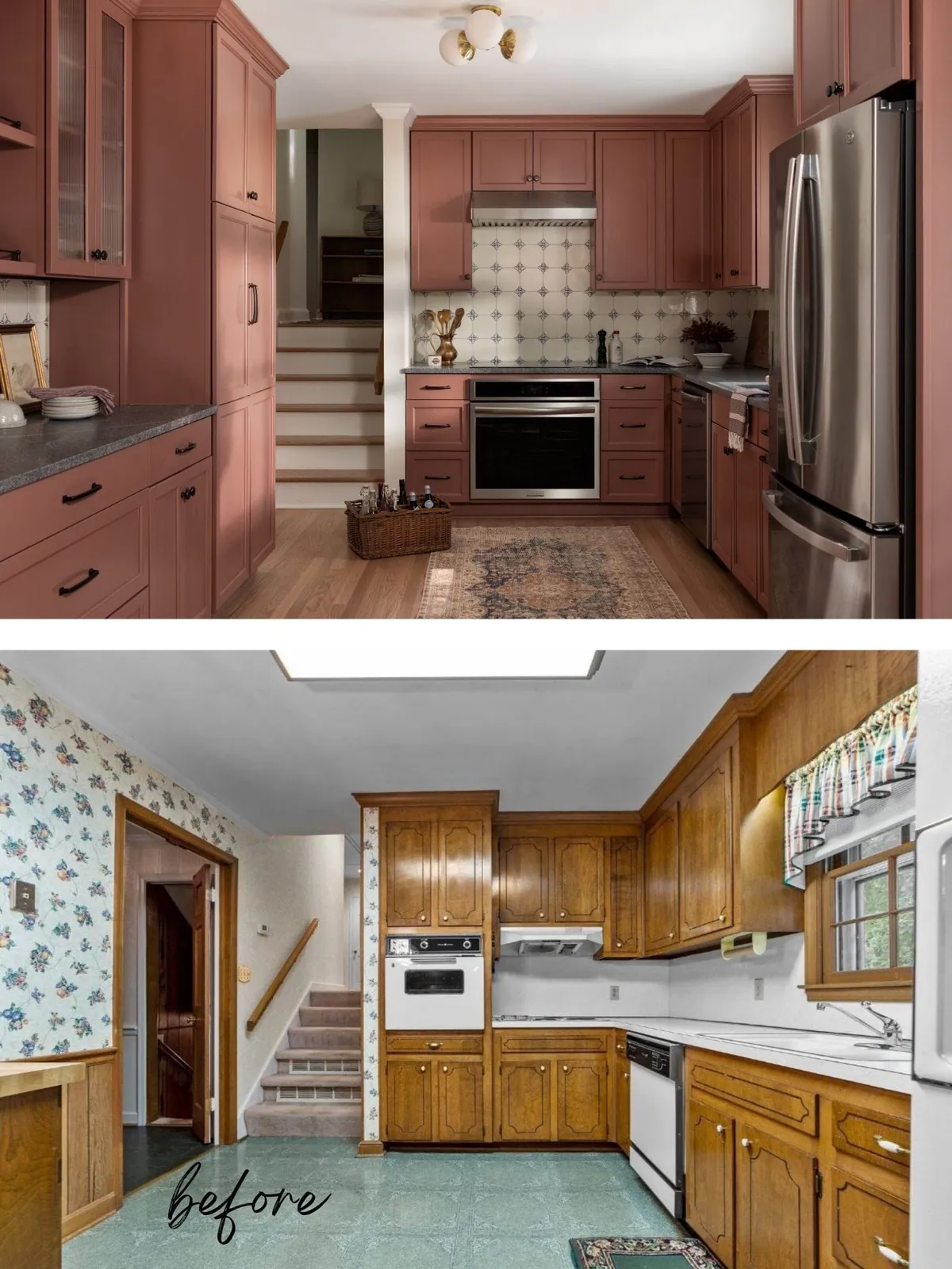 Before and after of a Raleigh ranch kitchen, dated oak cabinets replaced with terracotta pink