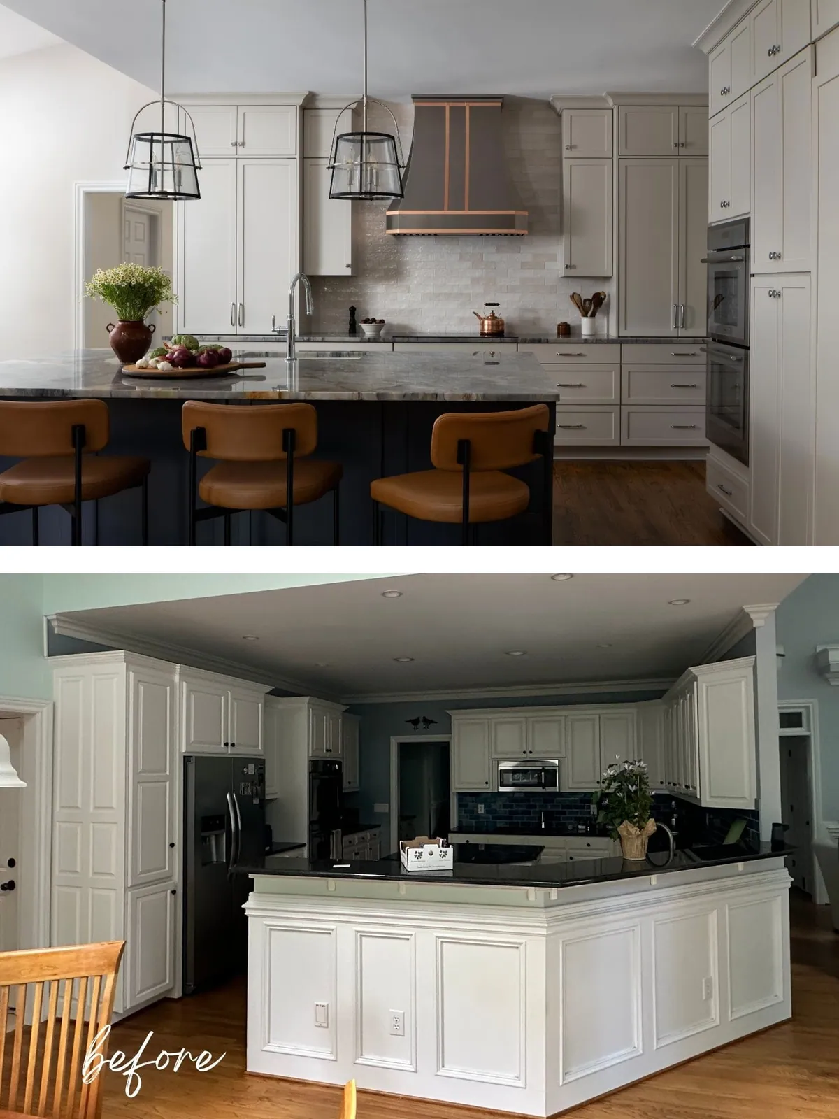 Before and after of a North Raleigh kitchen renovation with a new island and leather counter stools