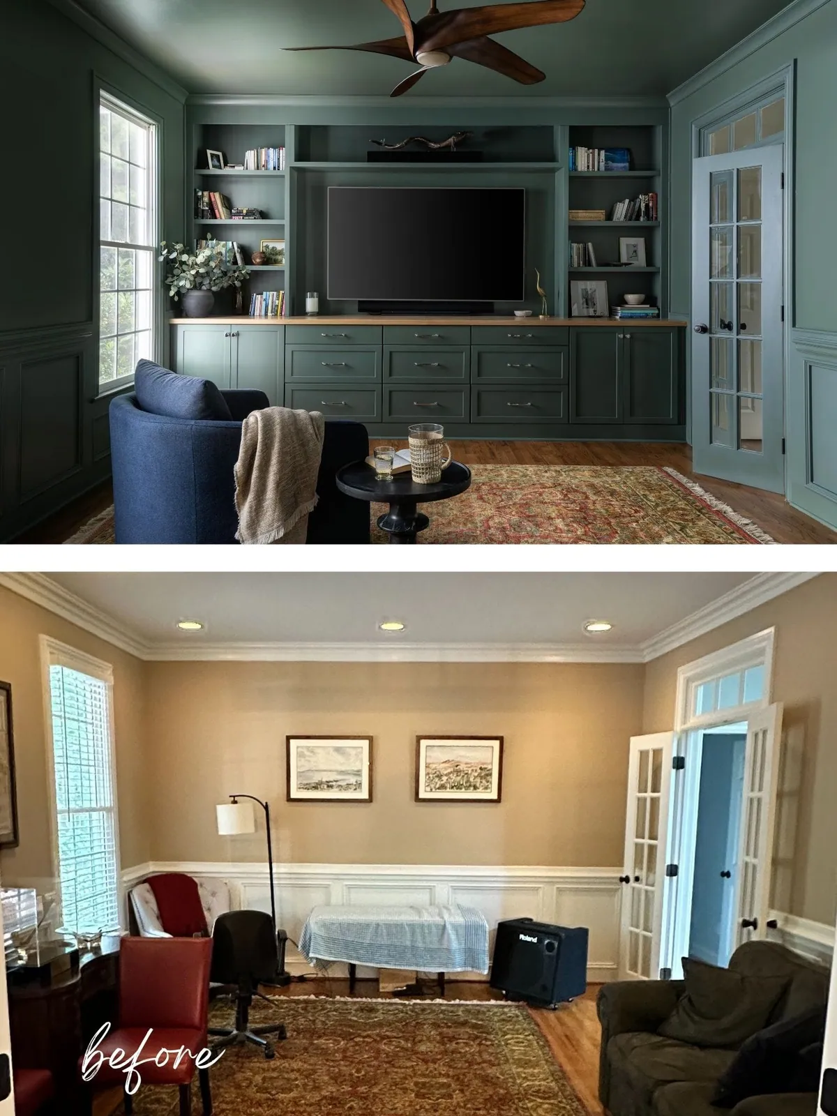 Before and after of a North Raleigh den, now green built-ins around a wall-mounted television