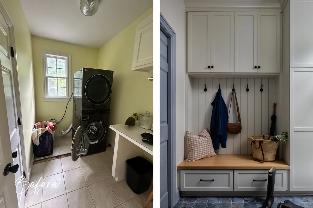 Before and after of a laundry and mudroom with new lockers, a bench and hooks