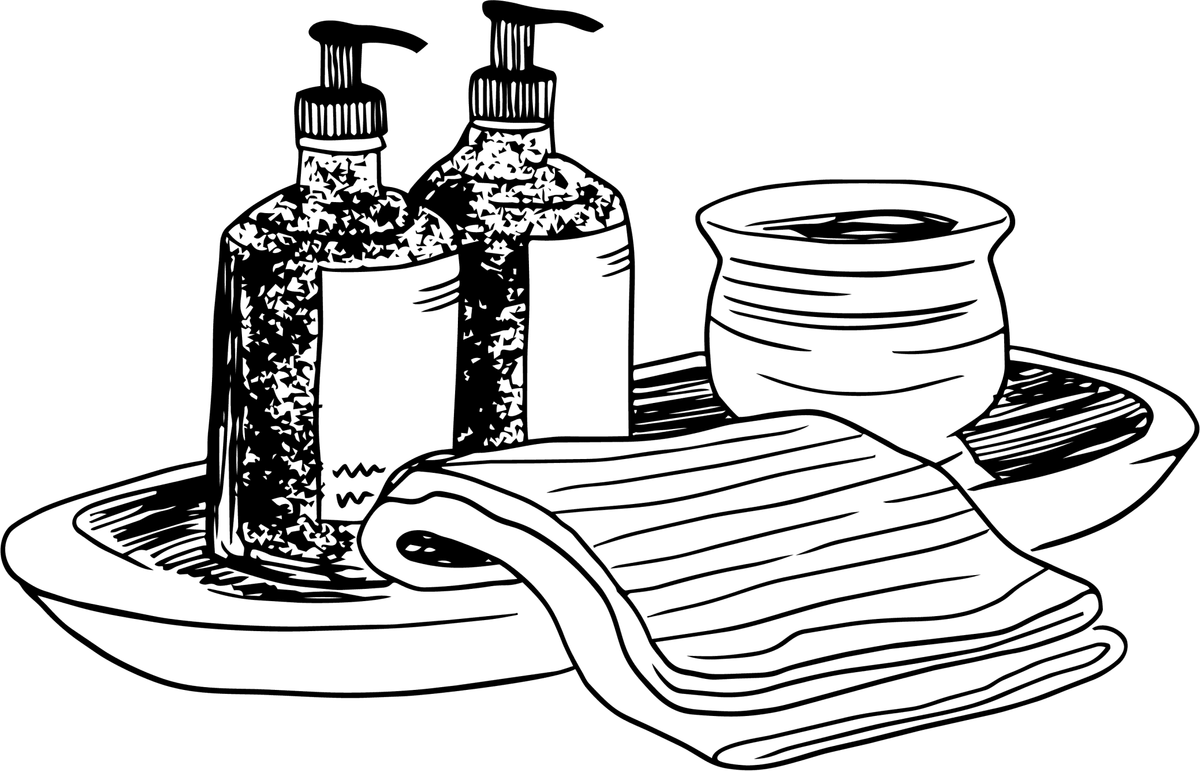 Line illustration of soap dispensers and a folded towel on a bath tray