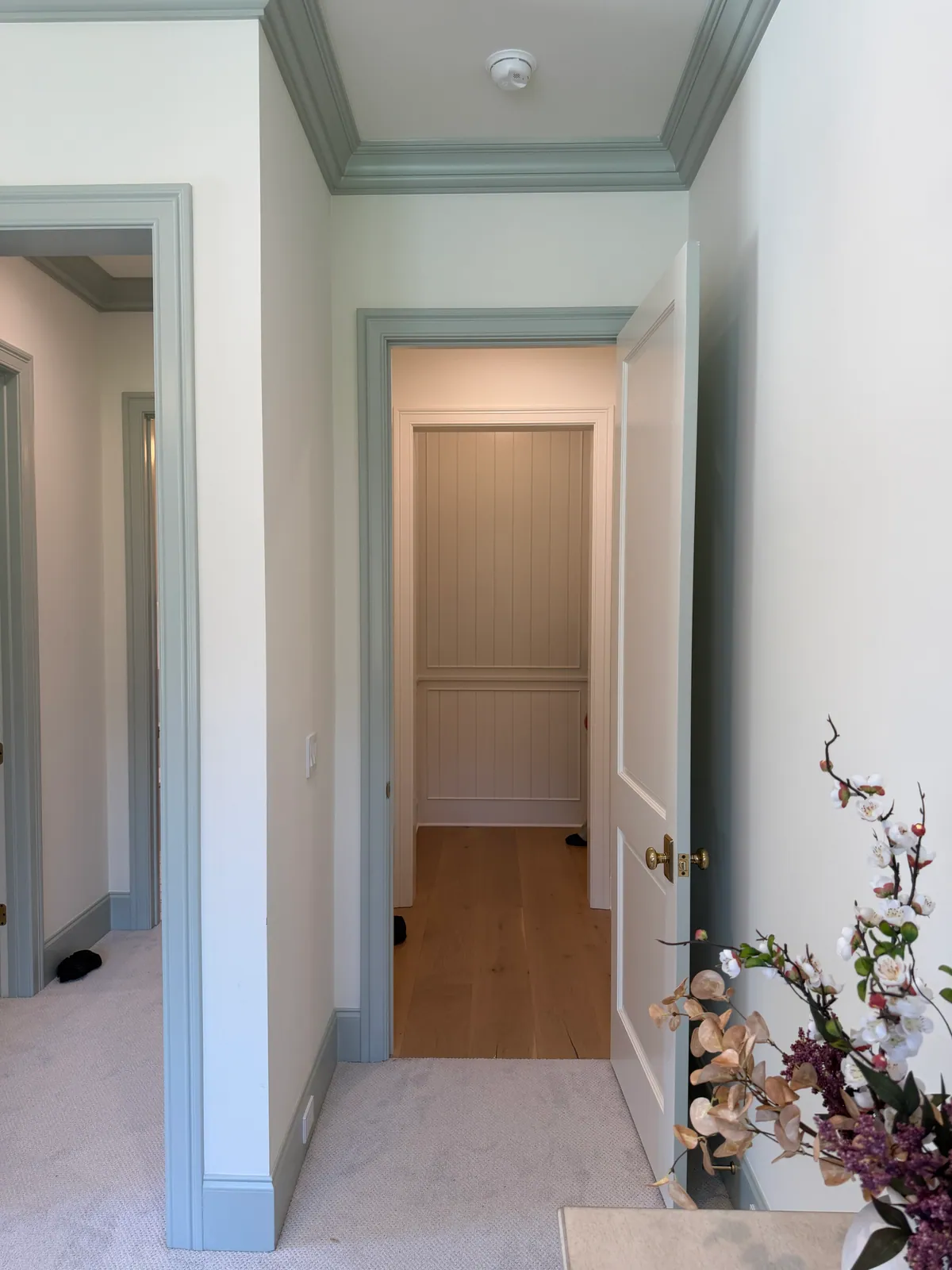 Doorways cased in gray blue painted trim, one opening framed inside the next