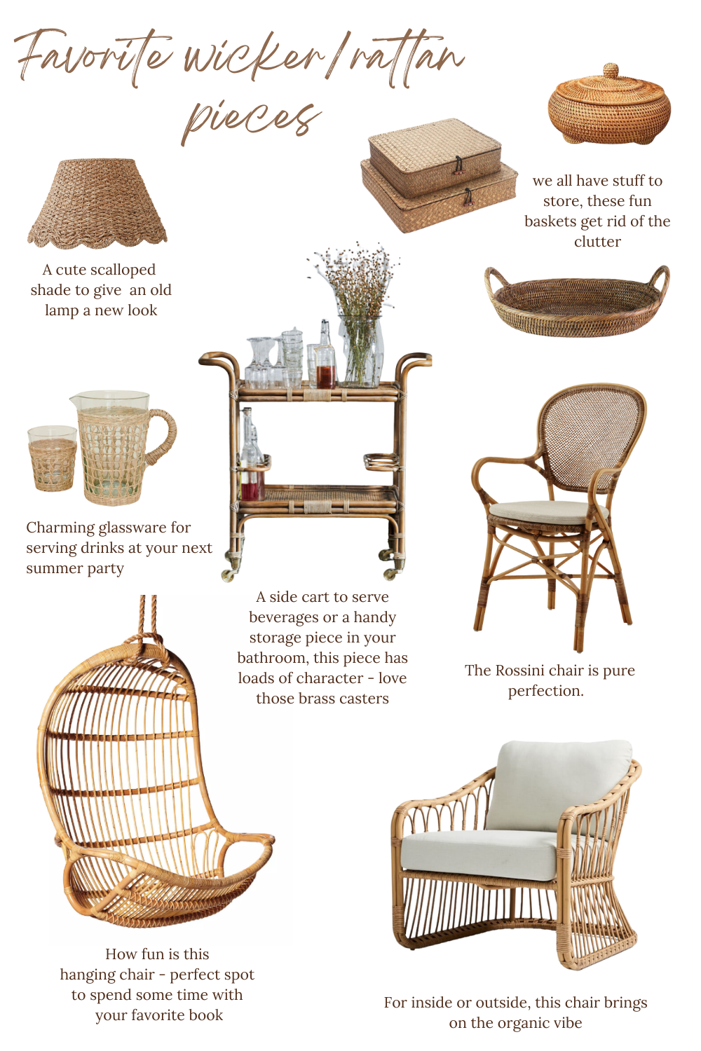 A collage of a beautiful outdoor patio featuring rattan furniture, including a cozy rattan chair with plush cushions, a bar cart, and woven lamp shade. The rattan furniture adds warmth and texture to the space, creating a inviting and stylish outdoor oasis
