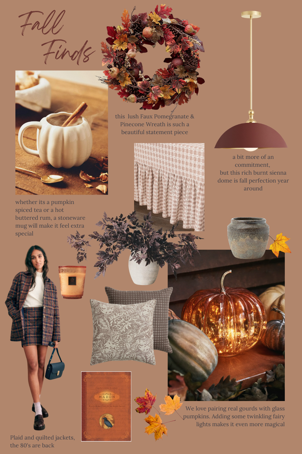 A cozy collage showcasing fall decor finds, featuring warm-toned throw blankets, autumnal wreaths with vibrant leaves, rustic candles, pumpkin-shaped accents, and earthy ceramic vases. The color palette includes rich oranges, browns, and deep reds, evoking a warm and inviting atmosphere perfect for autumn. Each item is styled to reflect the essence of the season, blending traditional fall elements with modern, minimalist touches