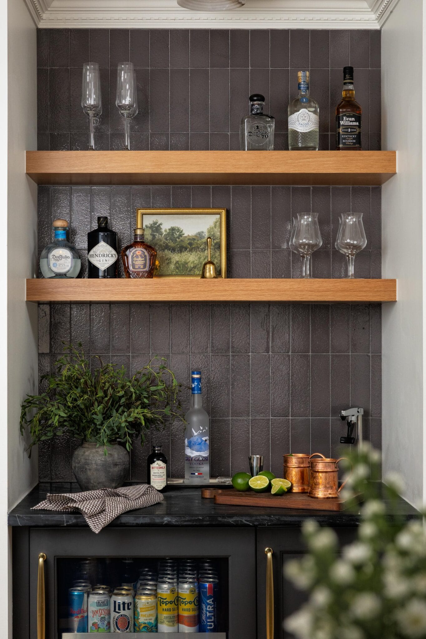 small home bar with floating shelves