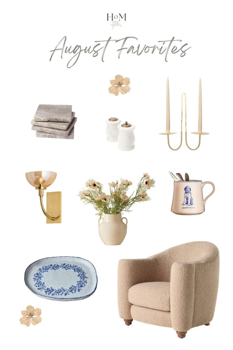 August home favorites collection featuring boucle accent chair, ceramic vase with flowers, brass wall sconce, marble coasters, and cozy seasonal decor.