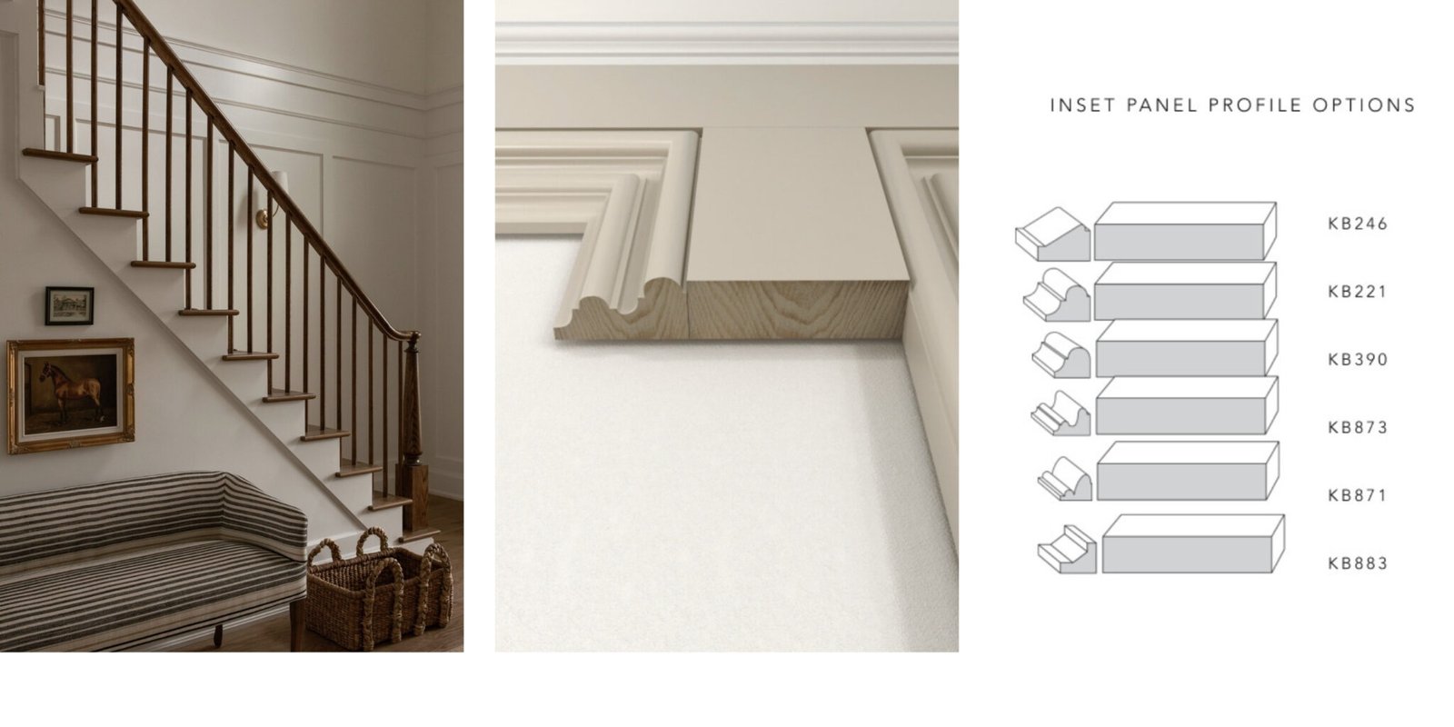 Custom millwork design in Raleigh NC featuring applied moulding staircase, inset panel detail, and Kuiken Brothers moulding profile options