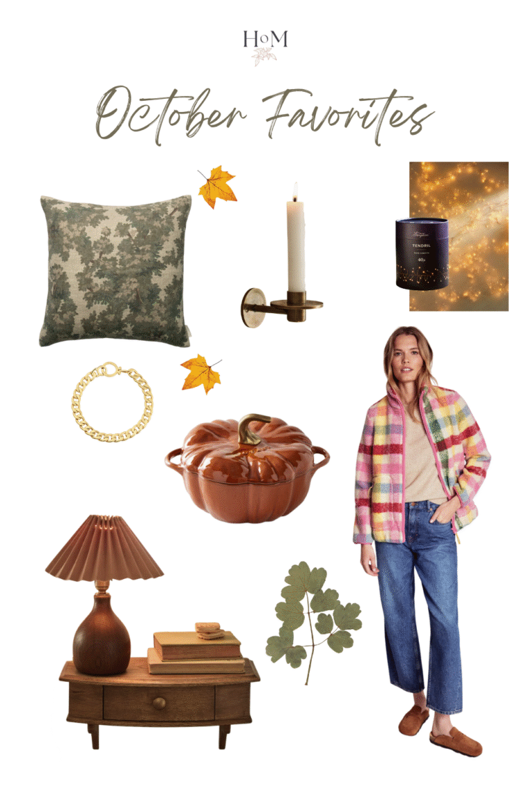 House of Maevie October Favorites mood board featuring fall-inspired home decor and fashion, including a plaid jacket, green patterned pillow, brass candle sconce, cozy brown lamp, pumpkin-shaped casserole dish, gold bracelet, dark candle, and autumn leaves.
