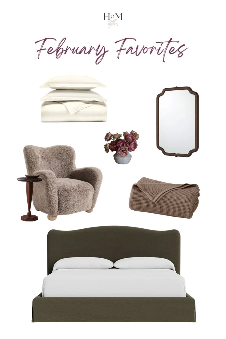 House of Maevie February Favorites collage featuring neutral, cozy bedroom decor. Includes cream bedding, a sculptural boucle armchair with a small wood side table, a dark wood framed mirror, a folded textured throw blanket, a small floral arrangement in a vase, and an upholstered green bed with white pillows on a clean white background