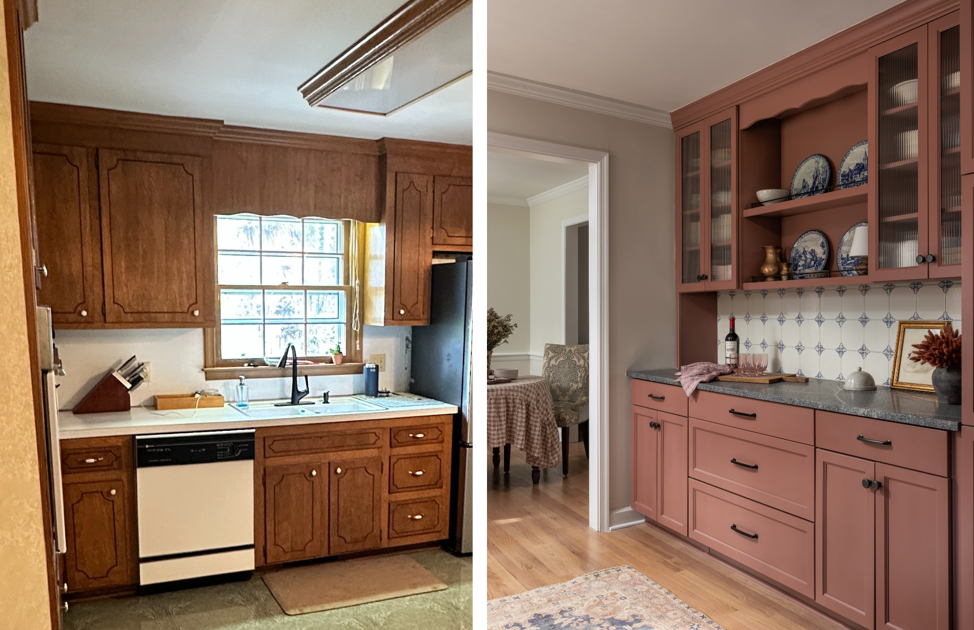 kitchen renovation before and after showing how an existing detail was reused in the new design to honor the past 